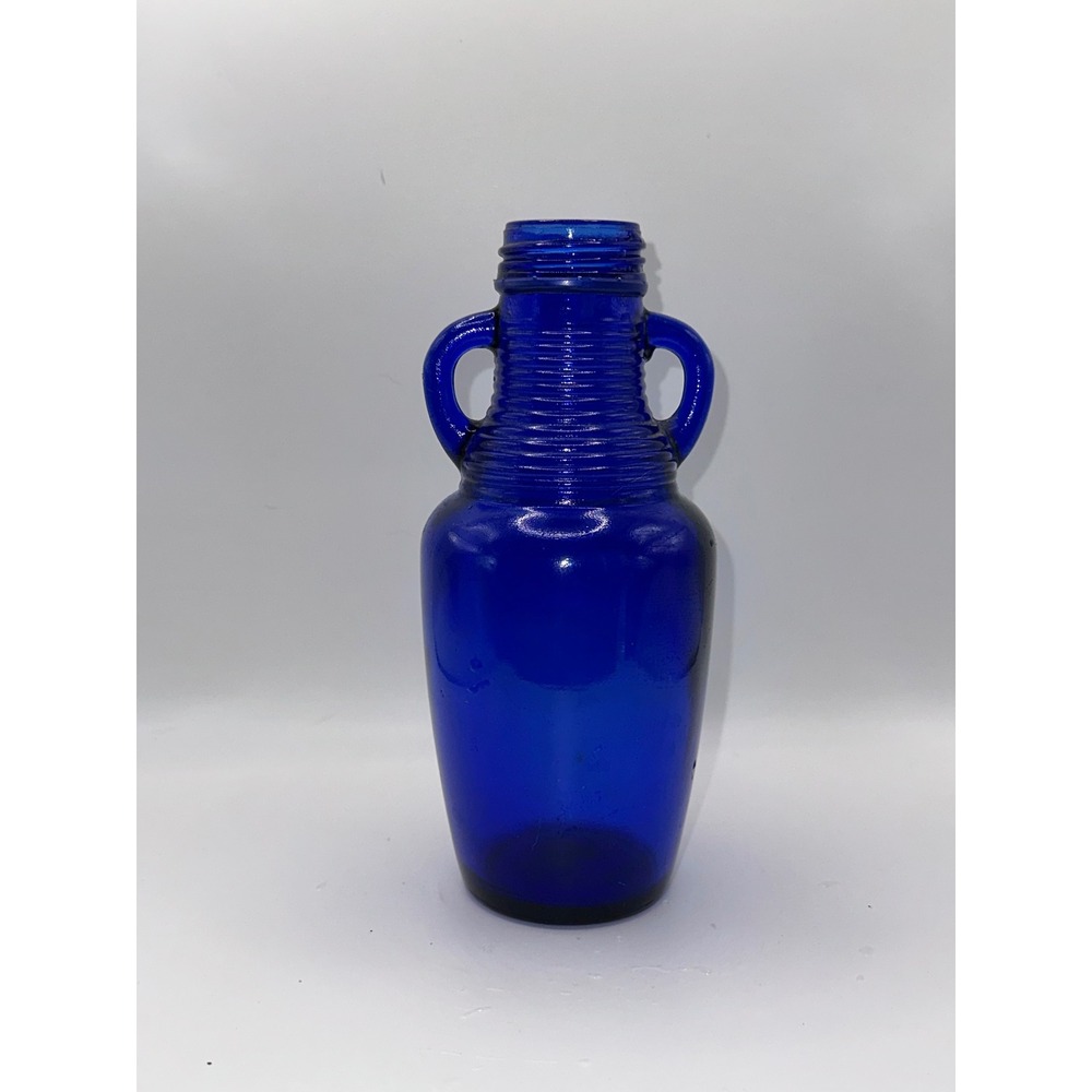Vintage Cobalt Blue Glass Bottle Double Handle Ribbed Neck Amphora Vase 6.5 inch